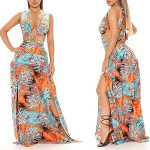 Tropical Maxi Dress w/ Cut outs & Slit